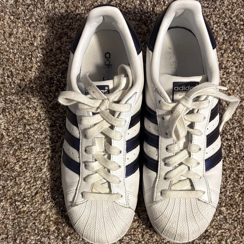 Adidas White Superstar Sneakers with Navy Stripes